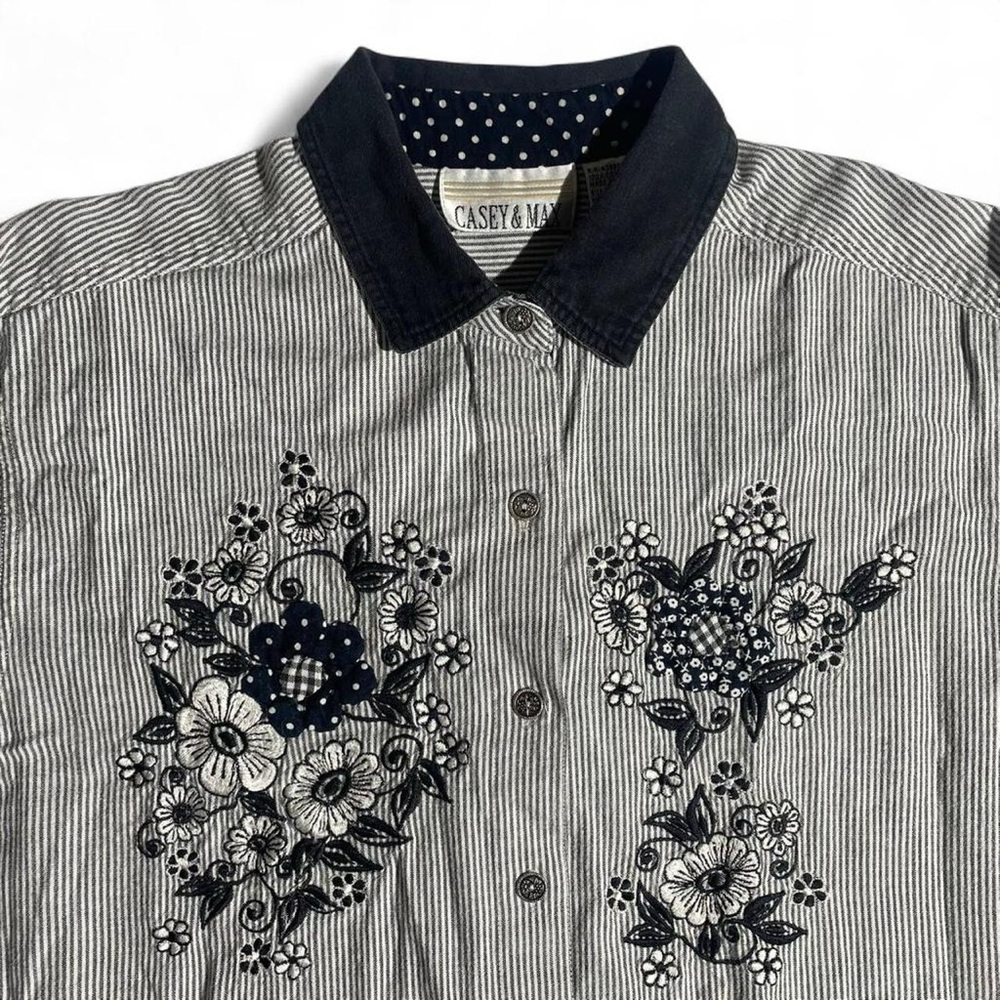 Vintage 90s Casey & Max Embroidered Pinstripe Blouse Cotton Coastal Grandmother